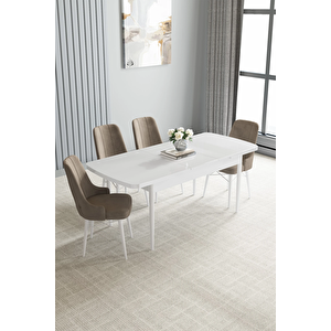 Zümra Serisi, Beyaz 80x132 Açılabilir Mdf Mutfak Masası Takımı 4 Adet Sandalye Cappucino