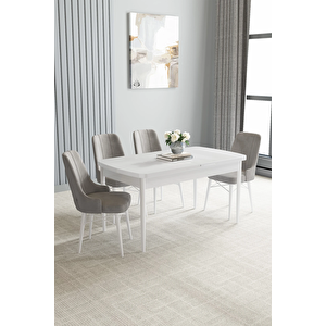 Zümra Serisi, Beyaz 80x132 Açılabilir Mdf Mutfak Masası Takımı 4 Adet Sandalye Gri