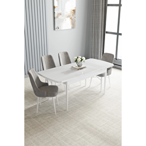 Zümra Serisi, Beyaz 80x132 Açılabilir Mdf Mutfak Masası Takımı 4 Adet Sandalye Gri