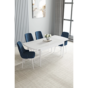 Zümra Serisi, Beyaz 80x132 Açılabilir Mdf Mutfak Masası Takımı 4 Adet Sandalye Lacivert