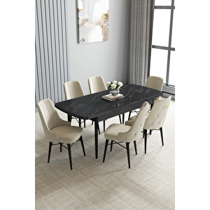 Zümra Serisi, Siyah Mermer Desen 80x132 Açılabilir Mdf Mutfak Masası Takımı 6 Adet Sandalye Krem