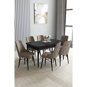 Zümra Serisi, Siyah Mermer Desen 80x132 Açılabilir Mdf Mutfak Masası Takımı 6 Adet Sandalye Cappucino