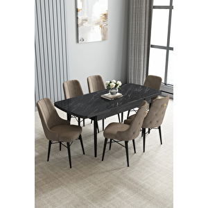 Zümra Serisi, Siyah Mermer Desen 80x132 Açılabilir Mdf Mutfak Masası Takımı 6 Adet Sandalye Cappucino