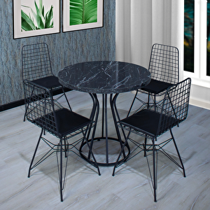 Nazlı Yemek Masa Sandalye Takımı 4 Kişilik Telli Sandalye Yuvarlak Vazo Masa 80 Cm Siyah Mermer