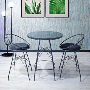 Aksa 80x100 Oval Mutfak Yemek Masası 2 Kişilik Çapraz Telli Bar Sandalyesi Cafe Masa Siyah Mermer