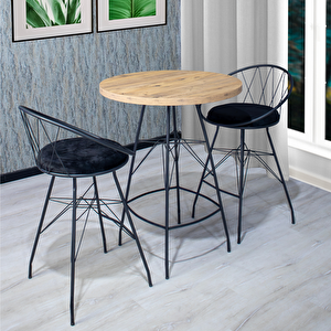 Aksa 80x100 Oval Mutfak Yemek Masası 2 Kişilik Çapraz Telli Bar Sandalyesi Cafe Masa Çam