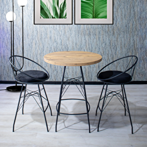 Aksa 80x100 Oval Mutfak Yemek Masası 2 Kişilik Çapraz Telli Bar Sandalyesi Cafe Masa Çam