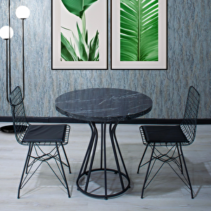 Melda Yemek Masa Sandalye Takımı 2 Kişilik Telli Sandalye Yuvarlak Vazo Masa 80 Cm Siyah Mermer