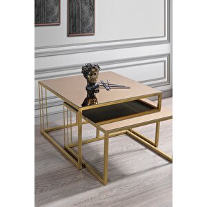 Siena Gold Metal Ayaklı Bronz Aynalı Orta Sehpa Takımı