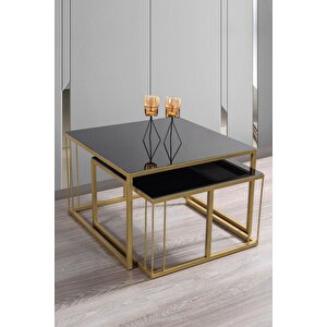 Siena Gold Metal Ayaklı Siyah Camlı Orta Sehpa Takımı