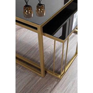 Siena Gold Metal Ayaklı Siyah Camlı Orta Sehpa Takımı