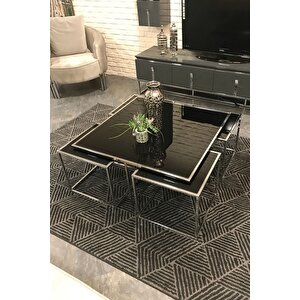 Kante Krom Kaplama(1 Orta,4 Yan) Siyah Camlı Sehpa Seti