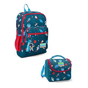 Kids Çivit Kırmızı Uzay Desenli 2li Okul Çantası Seti