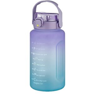 2000ml Pipetli Ve Pipetsiz Kullanım Kulplu Çift Renk Motivasyon Su Matarası Sticker Hediyeli Mor-mavi