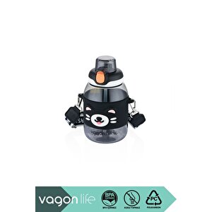 600ml Sevimli Hayvanlar Silikon Pipetli Kılıflı Ve Askılı Polikarbon Çocuk Su Matarası Siyah Kedi