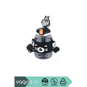 600ml Sevimli Hayvanlar Silikon Pipetli Kılıflı Ve Askılı Polikarbon Çocuk Su Matarası Siyah Kedi