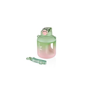 1100ml Çift Renk Pipetli Taşıma Askılı Ve Kulplu Motivasyon Su Matarası Yeşil-pembe