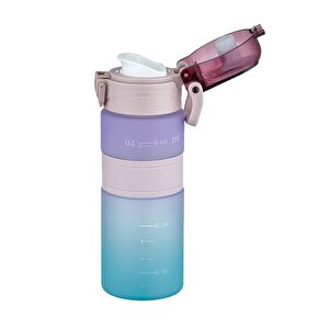 600ml Çift Renk Kaydırmaz Silikon Gövde Motivasyon Su Matarası Sticker Hediyeli Mor-mavi