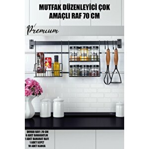 Mutfak Düzenleyici Çok Amaçlı 70 Cm Raf (6 Baharatlik-1 Stant-1 Retro Sepet-10 Kanca)