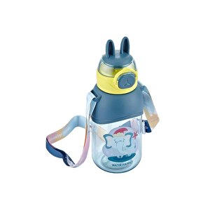 650ml Askılı Pipetli Kulaklı Sevimli Dostlar Tritan Su Matarası Lacivert-sarı