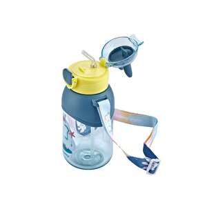 650ml Askılı Pipetli Kulaklı Sevimli Dostlar Tritan Su Matarası Lacivert-sarı