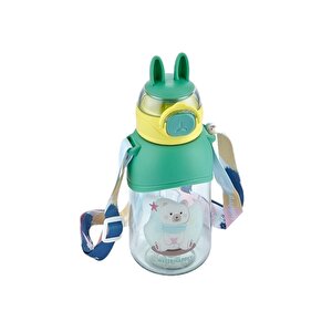 650ml Askılı Pipetli Kulaklı Sevimli Dostlar Tritan Su Matarası Yeşil-sarı
