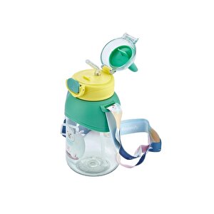 650ml Askılı Pipetli Kulaklı Sevimli Dostlar Tritan Su Matarası Yeşil-sarı