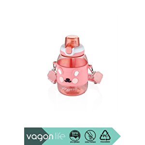 600ml Sevimli Hayvanlar Silikon Pipetli Kılıflı Ve Askılı Polikarbon Çocuk Su Matarası Pembe Tavşan
