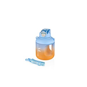 1100ml Çift Renk Pipetli Taşıma Askılı Ve Kulplu Motivasyon Su Matarası Mavi-turuncu