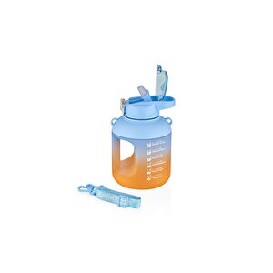 1100ml Çift Renk Pipetli Taşıma Askılı Ve Kulplu Motivasyon Su Matarası Mavi-turuncu