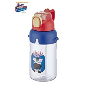 650ml Sevimli Hayvanlar Desenli Kalın Pipetli Kilitlenebilir Kapaklı Boyun Askılı Çocuk Su Matarası Kırmızı-mavi