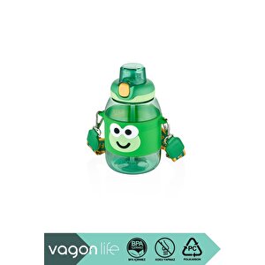 600ml Sevimli Hayvanlar Silikon Pipetli Kılıflı Ve Askılı Polikarbon Çocuk Su Matarası Yeşil Kurbağa