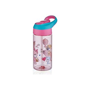 500ml Sevimli Hayvanlar Desenli Yeni Koleksiyon Pipetli Tritan Çocuk Su Matarası Pembe-mavi