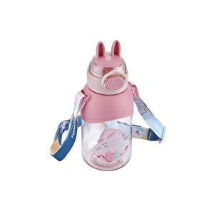 650ml Askılı Pipetli Kulaklı Sevimli Dostlar Tritan Su Matarası Pembe-pudra