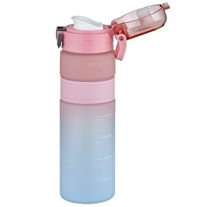 800ml Çift Renk Kaydırmaz Silikon Gövde Motivasyon Su Matarası Sticker Hediyeli Pembe-mavi