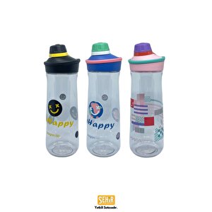 Vagonlife 650ml Döndürülerek Açılan Rahat Kapaklı Kulplu Desenli Gövde Polikarbon Su Matarası Lacivert