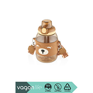 600ml Sevimli Hayvanlar Silikon Pipetli Kılıflı Ve Askılı Polikarbon Çocuk Su Matarası Kahverengi Ayı