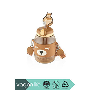 600ml Sevimli Hayvanlar Silikon Pipetli Kılıflı Ve Askılı Polikarbon Çocuk Su Matarası Kahverengi Ayı