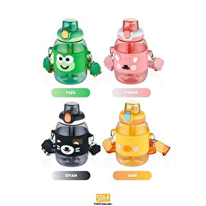 600ml Sevimli Hayvanlar Silikon Pipetli Kılıflı Ve Askılı Polikarbon Çocuk Su Matarası Kahverengi Ayı