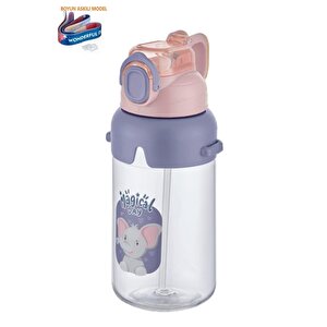 650ml Sevimli Hayvanlar Desenli Kalın Pipetli Kilitlenebilir Kapaklı Boyun Askılı Çocuk Su Matarası Pembe-mor