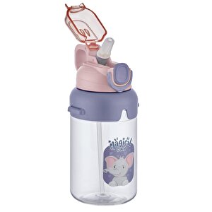 650ml Sevimli Hayvanlar Desenli Kalın Pipetli Kilitlenebilir Kapaklı Boyun Askılı Çocuk Su Matarası Pembe-mor