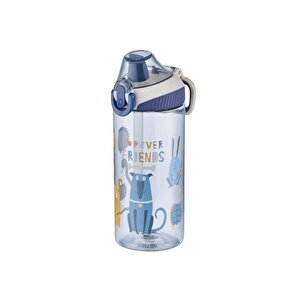 500ml Sevimli Hayvanlar Desenli Yeni Koleksiyon Pipetli Kilitlenebilir Kapak Tritan Çocuk Su Matarası Lacivert-bej