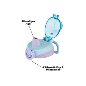 500ml Sevimli Hayvanlar Desenli Yeni Koleksiyon Pipetli Kilitlenebilir Kapak Tritan Çocuk Su Matarası Lacivert-bej