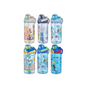 Vagonlife 500ml Sevimli Hayvanlar Desenli Yeni Koleksiyon Pipetli Kilitlenebilir Kapak Tritan Çocuk Su Matarası Lacivert-bej