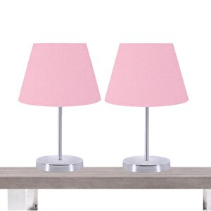 A&g Krom Gövdeli İkili Abajur Seti Kumaş Başlık Pembe