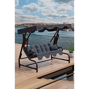 Sapanca 3 Kişilik Lüks Minderli Bahçe Balkon Teras Salıncağı Dövme Demir | Antrasit