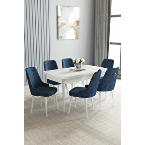 Zümra Serisi, Beyaz 80x132 Açılabilir Mdf Mutfak Masası Takımı 6 Adet Sandalye Lacivert