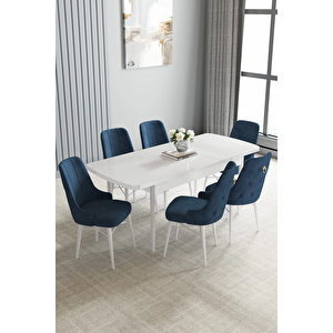 Zümra Serisi, Beyaz 80x132 Açılabilir Mdf Mutfak Masası Takımı 6 Adet Sandalye Lacivert