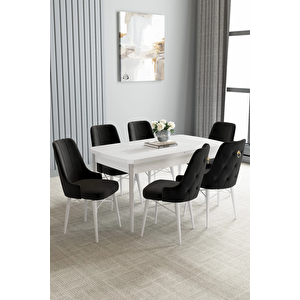 Zümra Serisi, Beyaz 80x132 Açılabilir Mdf Mutfak Masası Takımı 6 Adet Sandalye Siyah