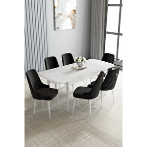 Zümra Serisi, Beyaz 80x132 Açılabilir Mdf Mutfak Masası Takımı 6 Adet Sandalye Siyah